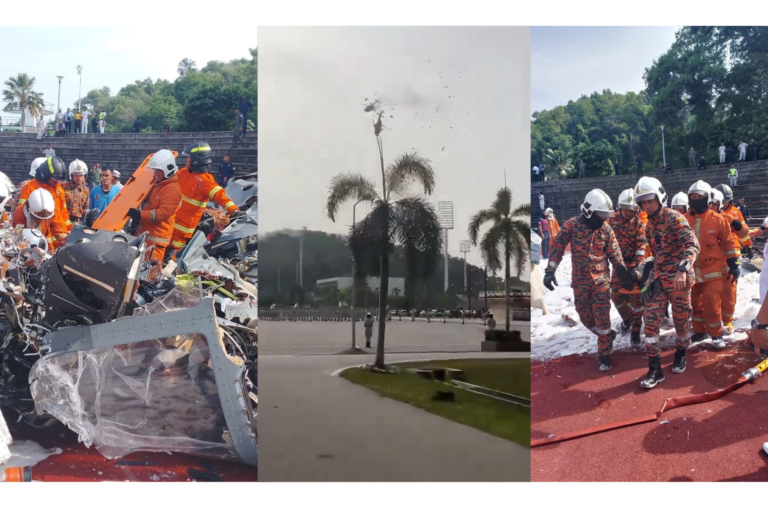 Dua helikopter bertembung di udara dan jatuh di Pangkalan Tentera Laut Diraja Malaysia (TLDM) Lumut, di Lumut, pagi semalam