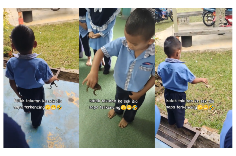 Kanak-kanak lelaki itu pegang katak sampai katak itu terkencing dalam kelas