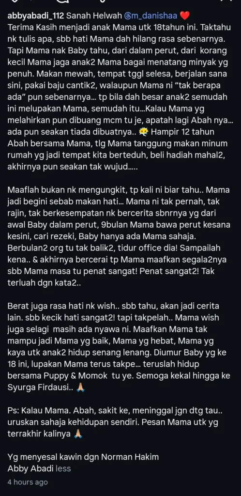 Ucapan Hari Jadi Anak Dikritik ‘Toksik’, Abby Abadi Pertahan Luahan Hati — “Masa Hidup Dah Buat Macam Tak Wujud”