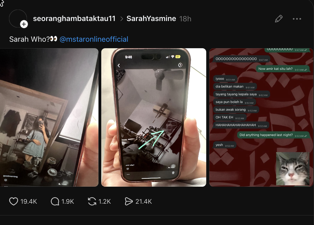 Sarah Yasmine kembali jadi perhatian selepas hantaran di Threads memaparkan gambarnya bersama Amir Ahnaf serta beberapa tangkap layar perbualan.