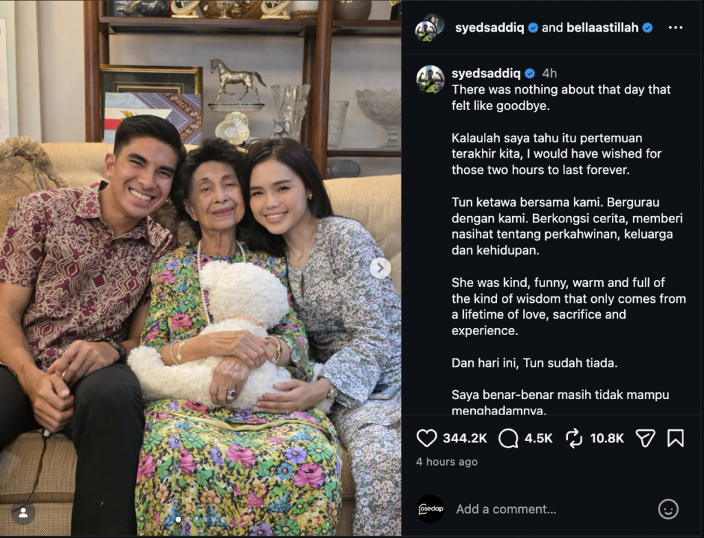 Syed Saddiq Batalkan Sidang Media Kahwin Selepas Berita Pemergian Tun Siti Hasmah, Bella: “Kami Masih Terkejut”
