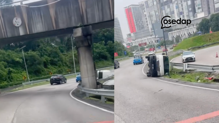 ‘Kenapa pula kat depan tu?’ – Penunggang Motosikal Terserempak Lori Terbalik Di Lebuhraya